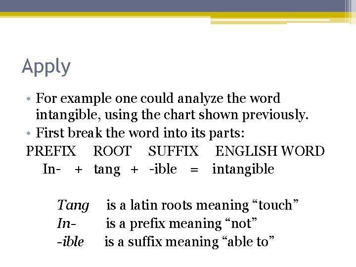 Apply • For example one could analyze the word intangible, using the chart shown