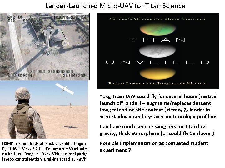Lander-Launched Micro-UAV for Titan Science ~1 kg Titan UAV could fly for several hours