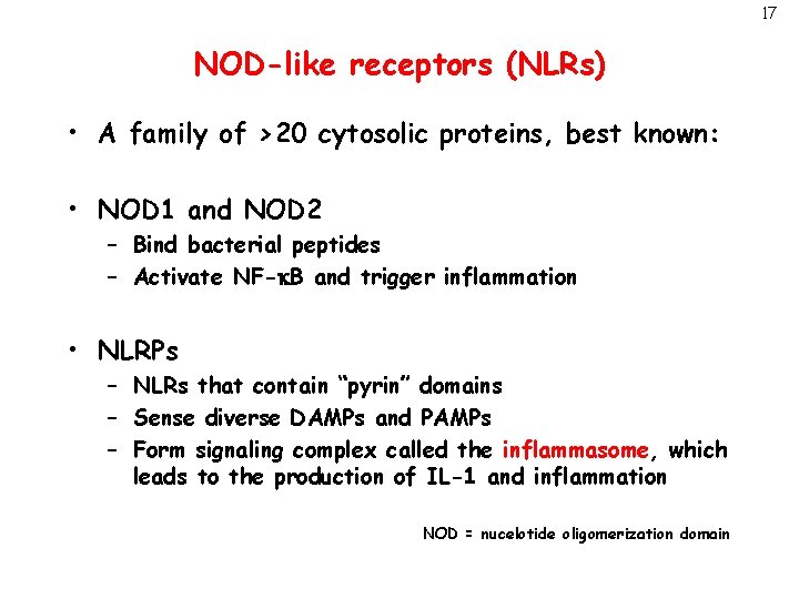 17 NOD-like receptors (NLRs) • A family of >20 cytosolic proteins, best known: •