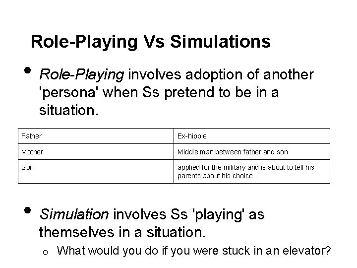 Role-Playing Vs Simulations • Role-Playing involves adoption of another 'persona' when Ss pretend to