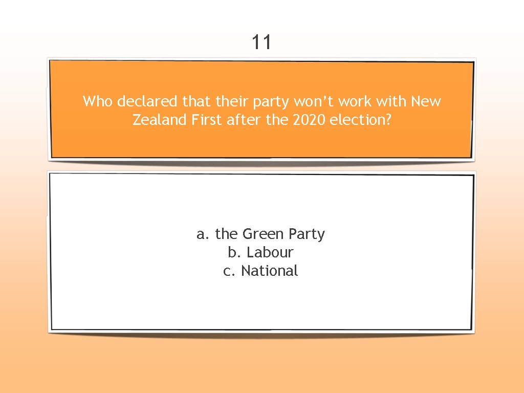 11 Who declared that their party won’t work with New Zealand First after the