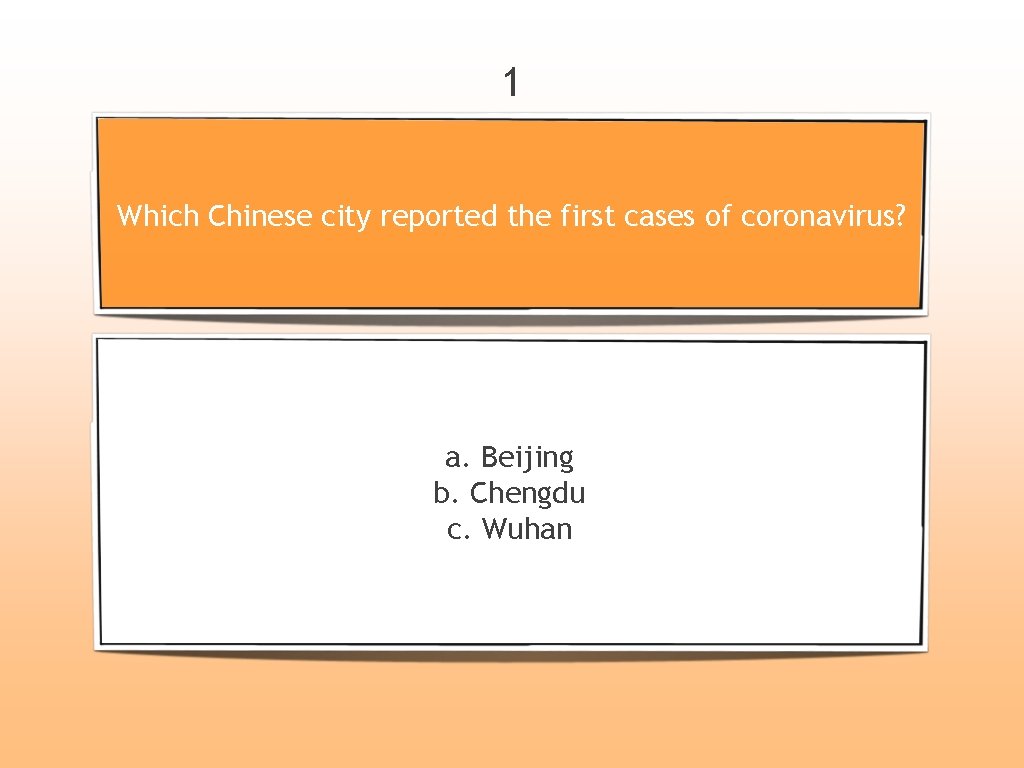 1 Which Chinese city reported the first cases of coronavirus? a. Beijing b. Chengdu