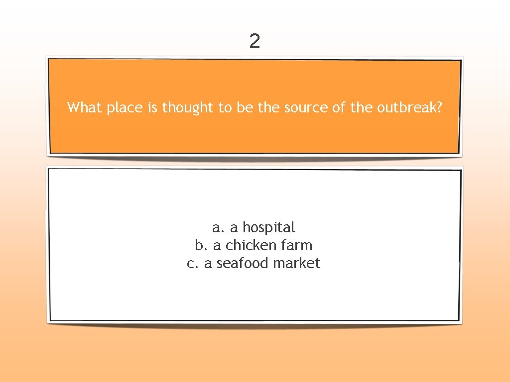 2 What place is thought to be the source of the outbreak? a. a