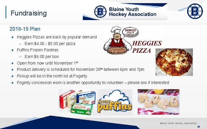 Fundraising 2018 -19 Plan ● Heggies Pizzas are back by popular demand ─ Earn