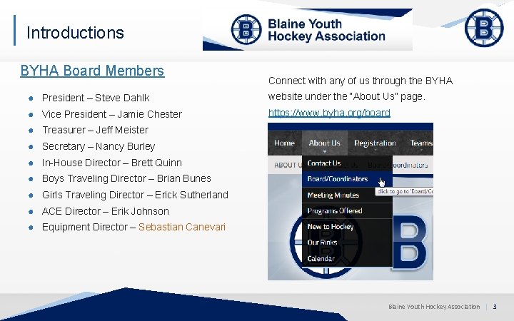 Introductions BYHA Board Members Connect with any of us through the BYHA ● President