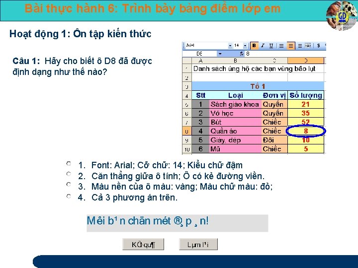 Bài thực hành 6: Trình bày bảng điểm lớp em Hoạt động 1: Ôn