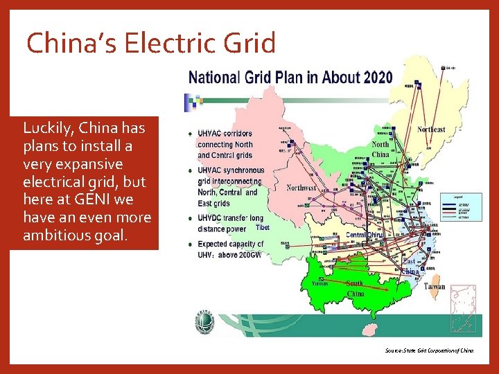 China’s Electric Grid Luckily, China has plans to install a very expansive electrical grid,