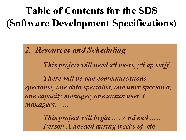 Table of Contents for the SDS (Software Development Specifications) 2. Resources and Scheduling This