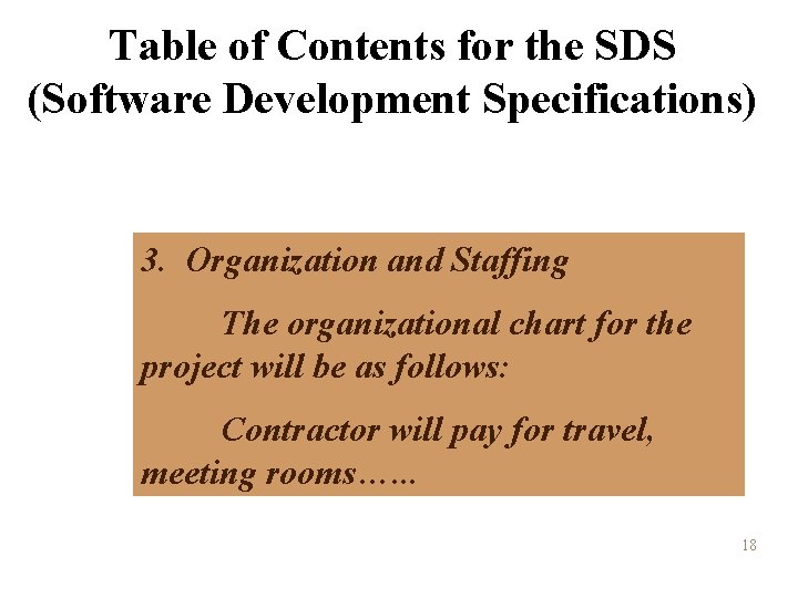 Table of Contents for the SDS (Software Development Specifications) 3. Organization and Staffing The