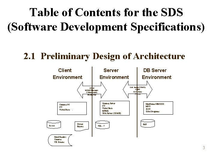 Table of Contents for the SDS (Software Development Specifications) 2. 1 Preliminary Design of