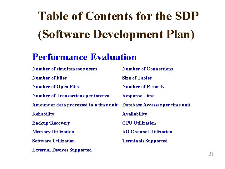 Table of Contents for the SDP (Software Development Plan) Performance Evaluation Number of simultaneous