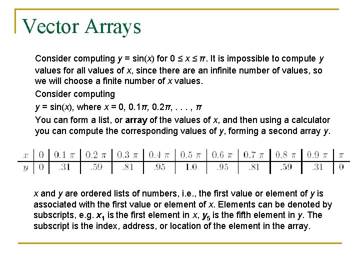 Vector Arrays Consider computing y = sin(x) for 0 ≤ x ≤ π. It