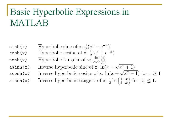 Basic Hyperbolic Expressions in MATLAB 