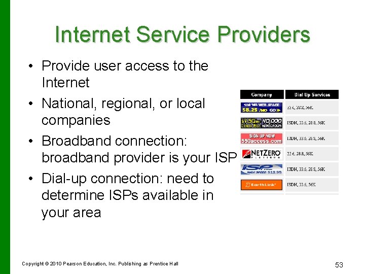 Internet Service Providers • Provide user access to the Internet • National, regional, or