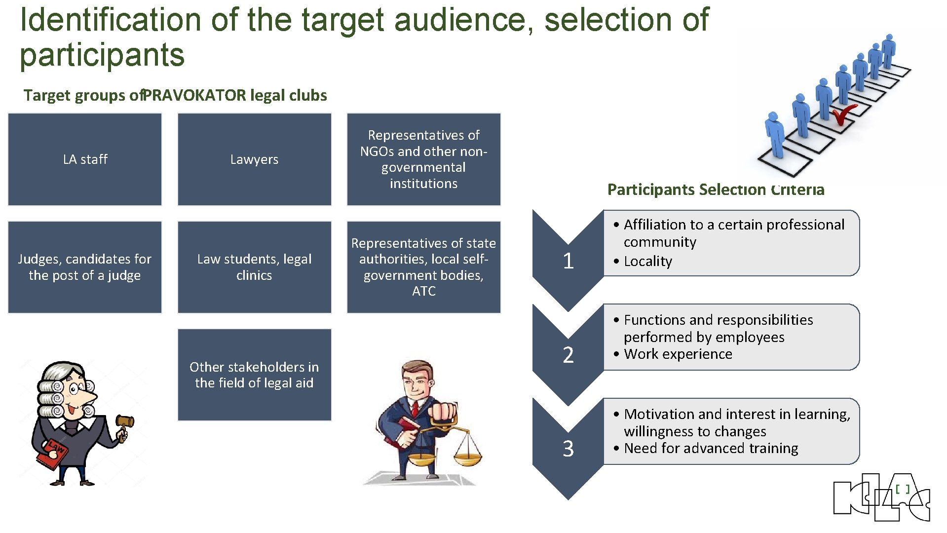 Identification of the target audience, selection of participants Target groups of. PRAVOKATOR legal clubs