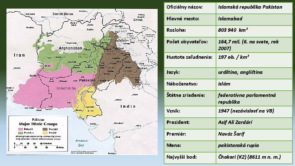 Oficiálny názov: Islamská republika Pakistan Hlavné mesto: Islamabad Rozloha: 803 940 km² Počet obyvateľov: