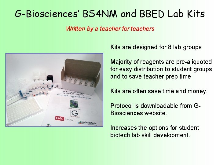 G-Biosciences’ BS 4 NM and BBED Lab Kits Written by a teacher for teachers