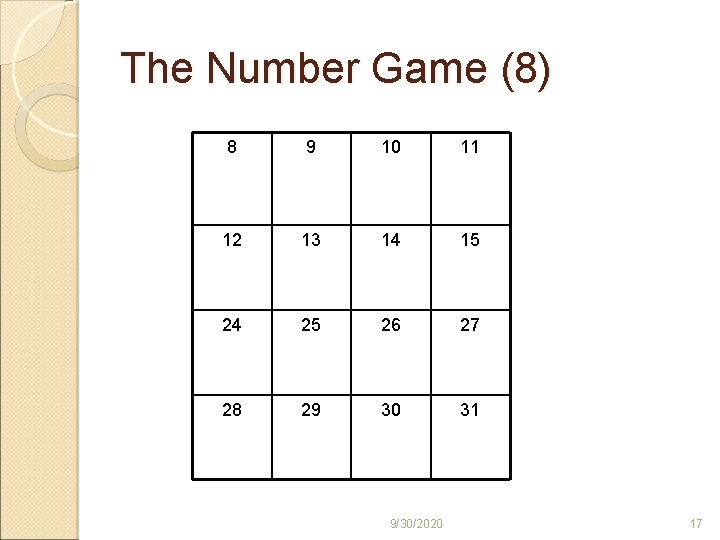 The Number Game (8) 8 9 10 11 12 13 14 15 24 25