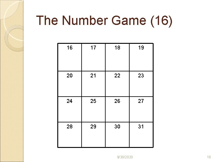 The Number Game (16) 16 17 18 19 20 21 22 23 24 25