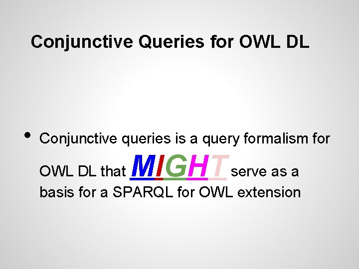 Conjunctive Queries for OWL DL • Conjunctive queries is a query formalism for MIGHT