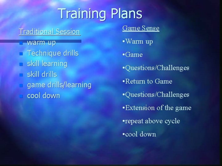 Training Plans Traditional Session n warm up n Technique drills n skill learning n