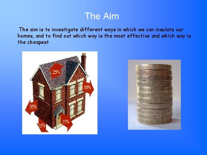 The Aim The aim is to investigate different ways in which we can insulate