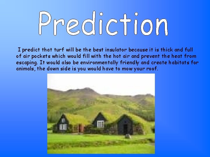 I predict that turf will be the best insulator because it is thick and