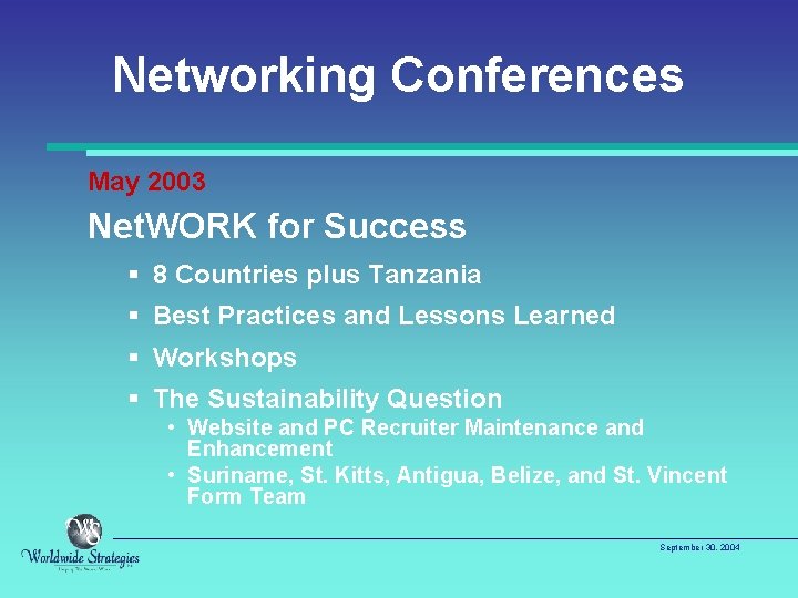 Networking Conferences May 2003 Net. WORK for Success § 8 Countries plus Tanzania §