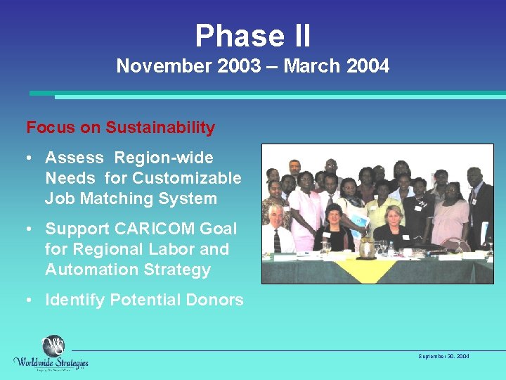 Phase II November 2003 – March 2004 Focus on Sustainability • Assess Region-wide Needs