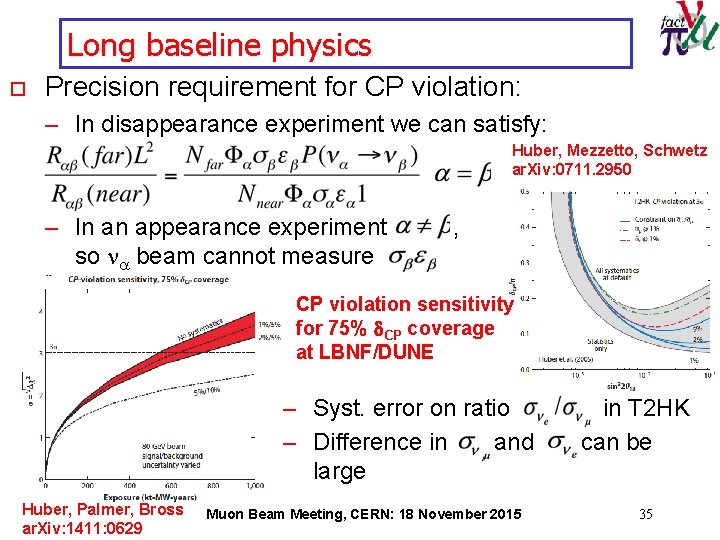 Long baseline physics o Precision requirement for CP violation: – In disappearance experiment we