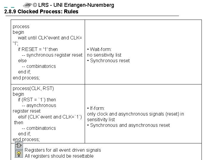  © LRS - UNI Erlangen-Nuremberg 2. 8. 9 Clocked Process: Rules process begin
