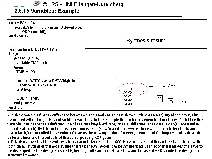  © LRS - UNI Erlangen-Nuremberg 2. 6. 15 Variables: Example entity PARITY is