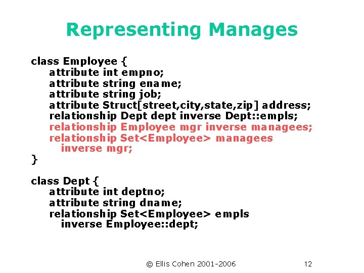 Representing Manages class Employee { attribute int empno; attribute string ename; attribute string job;