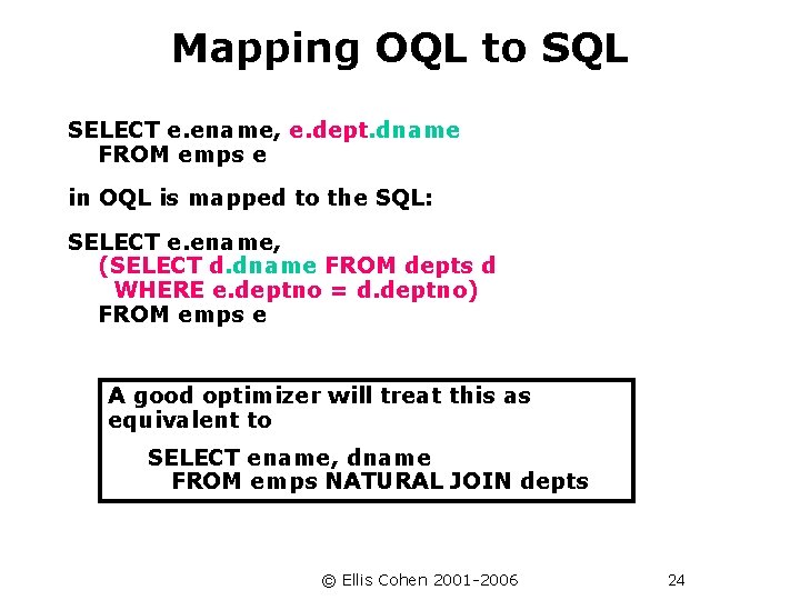 Mapping OQL to SQL SELECT e. ename, e. dept. dname FROM emps e in