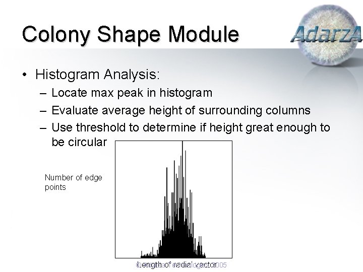 Colony Shape Module • Histogram Analysis: – Locate max peak in histogram – Evaluate