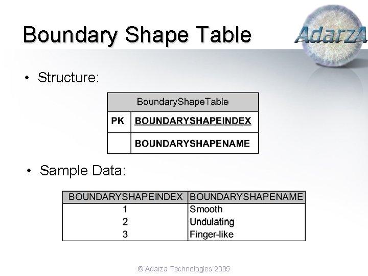 Boundary Shape Table • Structure: • Sample Data: © Adarza Technologies 2005 