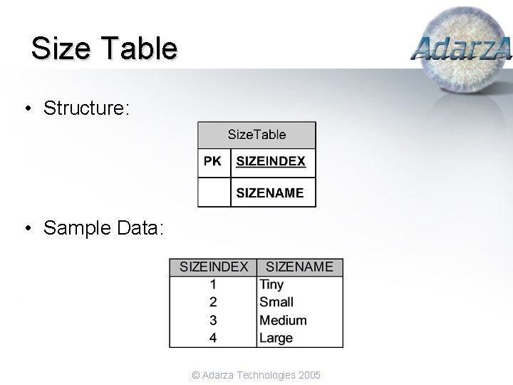 Size Table • Structure: • Sample Data: © Adarza Technologies 2005 