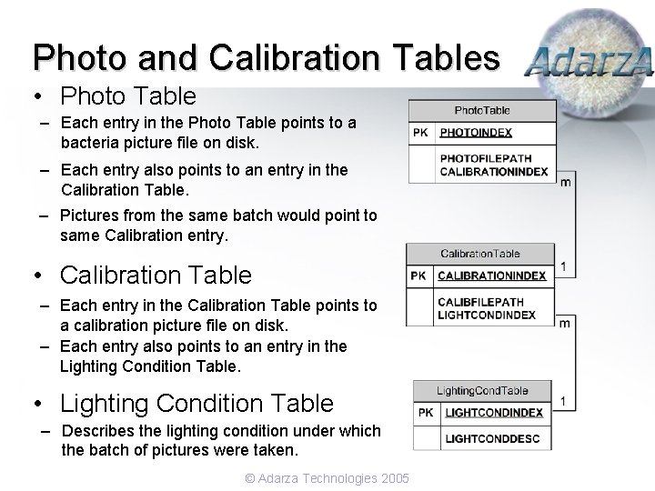 Photo and Calibration Tables • Photo Table – Each entry in the Photo Table