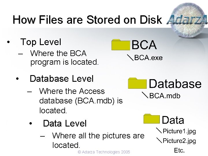 How Files are Stored on Disk • Top Level – Where the BCA program