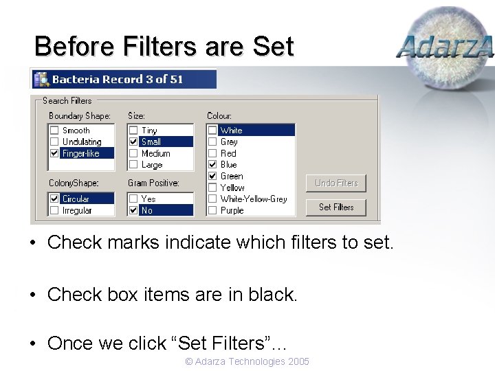 Before Filters are Set • Check marks indicate which filters to set. • Check