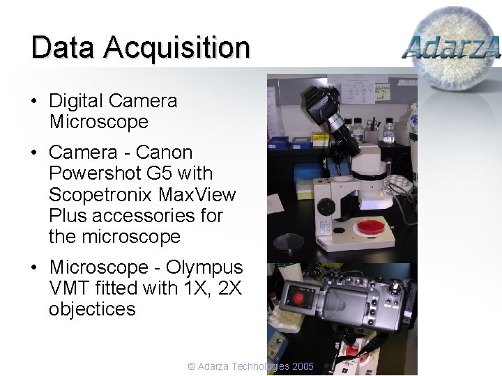 Data Acquisition • Digital Camera Microscope • Camera - Canon Powershot G 5 with