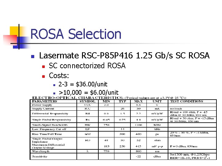 ROSA Selection n Lasermate RSC-P 85 P 416 1. 25 Gb/s SC ROSA n