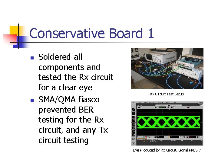 Conservative Board 1 n n Soldered all components and tested the Rx circuit for