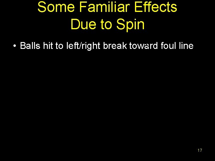 Some Familiar Effects Due to Spin • Balls hit to left/right break toward foul