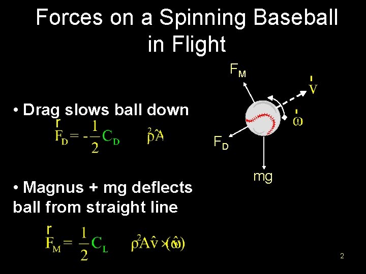 Forces on a Spinning Baseball in Flight FM • Drag slows ball down FD