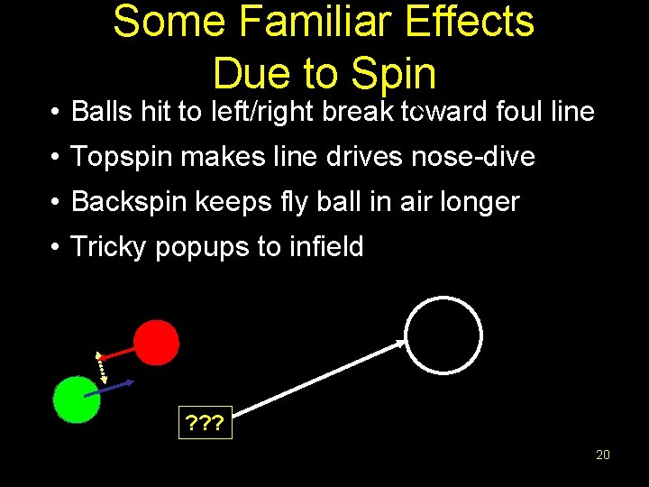 Some Familiar Effects Due to Spin • Balls hit to left/right break toward foul
