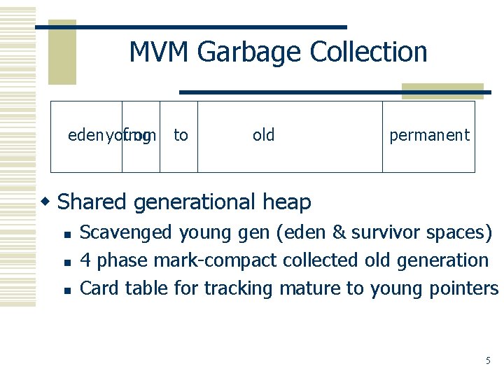 MVM Garbage Collection eden young from to old permanent w Shared generational heap n