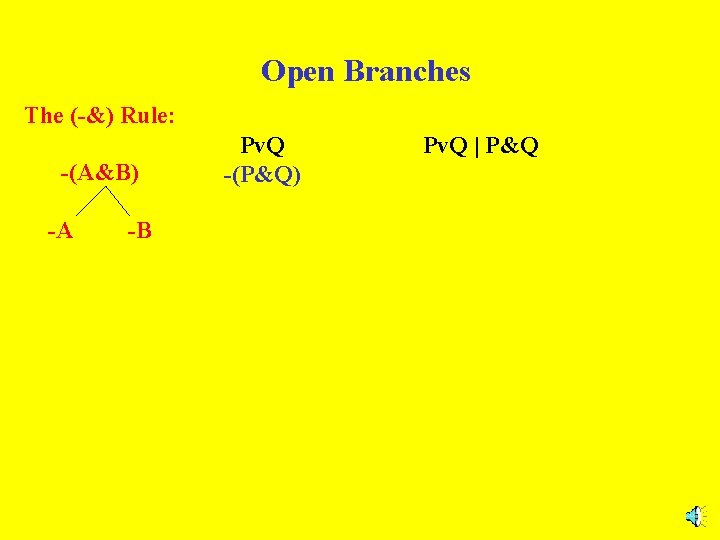 Open Branches The (-&) Rule: -(A&B) -A -B Pv. Q -(P&Q) Pv. Q |