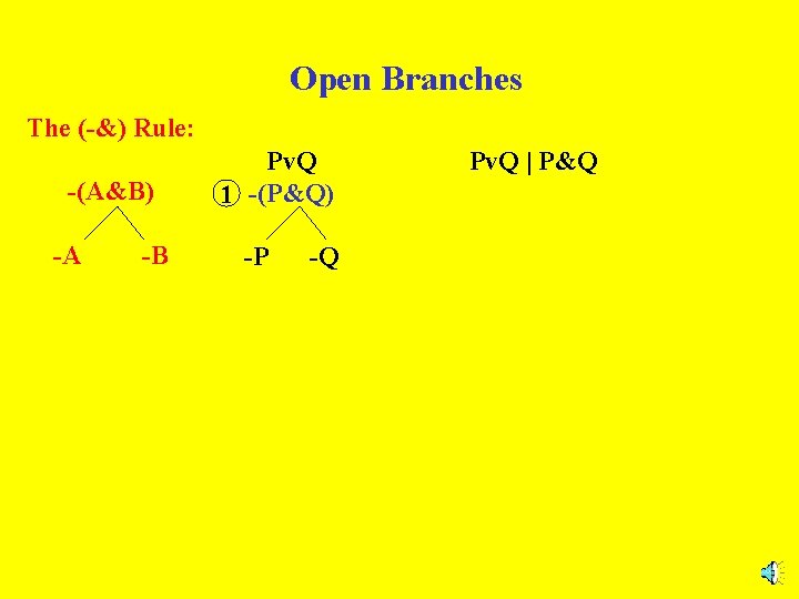 Open Branches The (-&) Rule: -(A&B) -A -B Pv. Q 1 -(P&Q) -P -Q