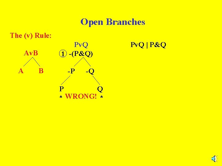 Open Branches The (v) Rule: Pv. Q 1 -(P&Q) Av. B A B -P